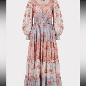 Jessa Kae Garden Rose Bohemian Floral Tiered Maxi Dress in Pastel Pink and Blue